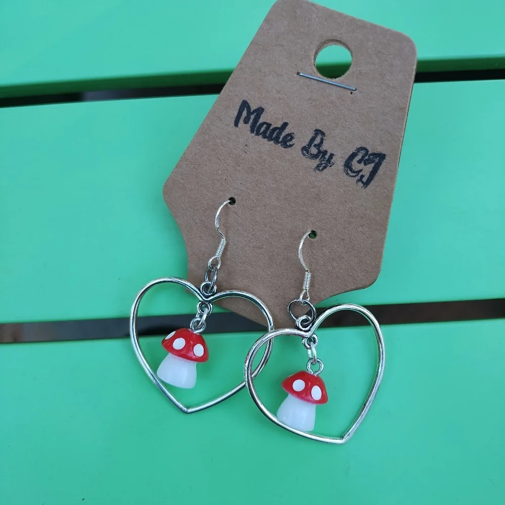 For the love of mushrooms earrings. Hypoallergenic 925 Silver heart red mushroom